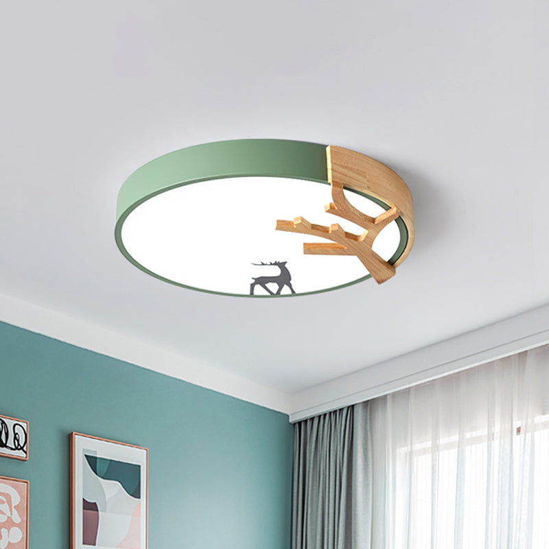 Contemporary Led Acrylic Drum Flush Mount Lighting - Green/White/Gray Ceiling Light With Deer