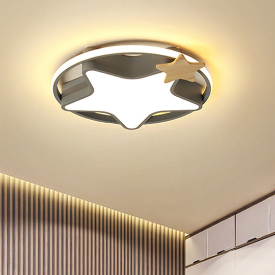 Minimalist Pentagram Led Flushmount Ceiling Lamp For Kids Bedroom In Black/Grey And Wood