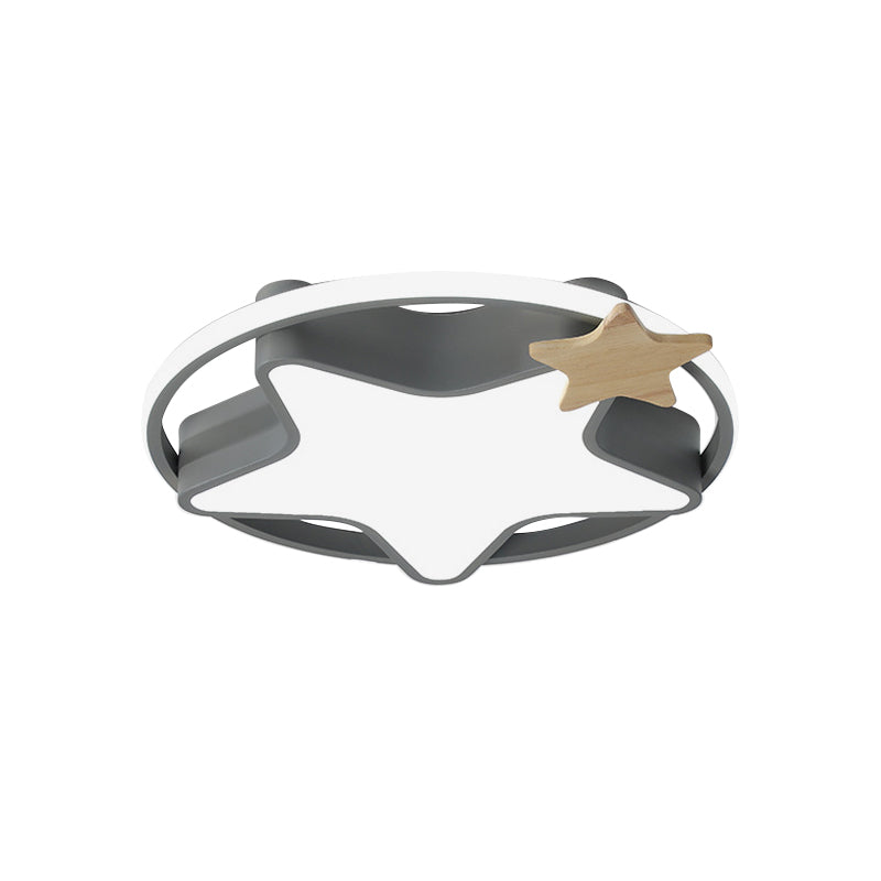 Minimalist Pentagram Led Flushmount Ceiling Lamp For Kids Bedroom In Black/Grey And Wood