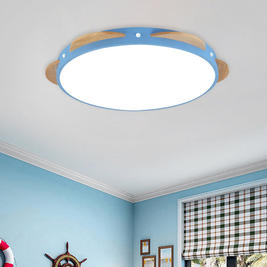 Macaron Flower Flush Mount Led Ceiling Light Fixture - White/Green/Blue And Wood