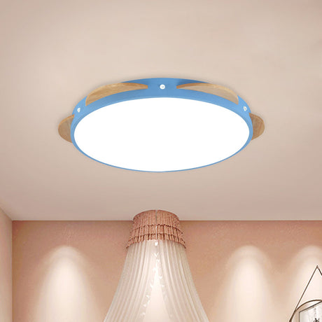Macaron Flower Flush Mount Led Ceiling Light Fixture - White/Green/Blue And Wood