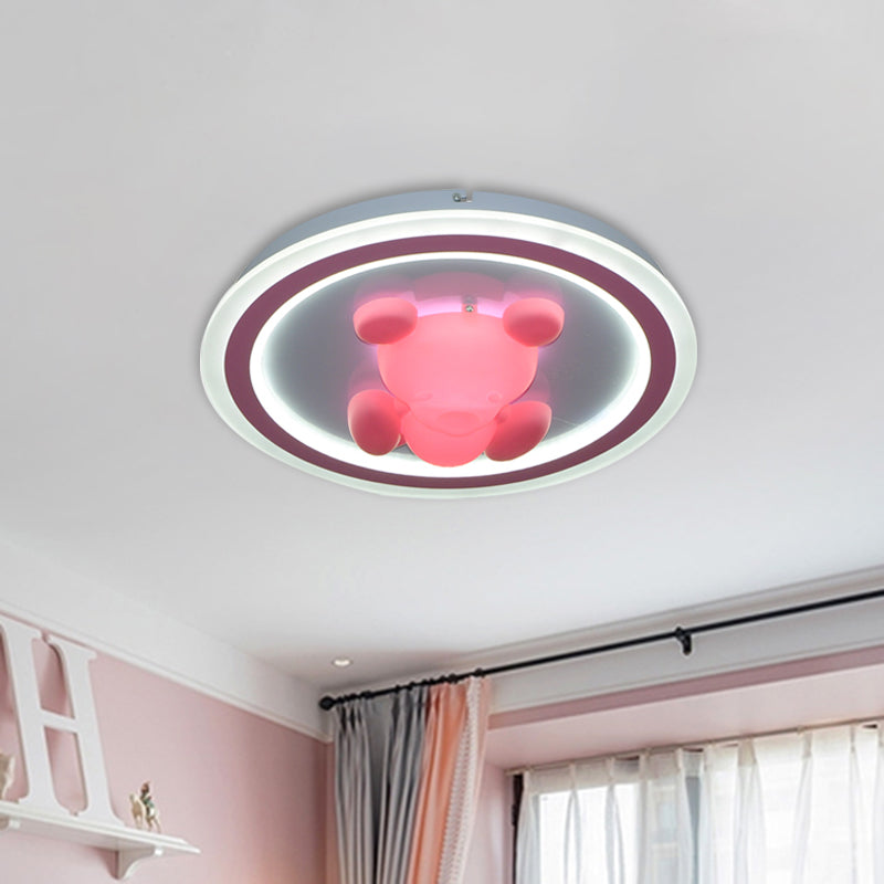 Cartoon Pink Led Flush Mount Ceiling Light With Acrylic Flower/Bear Shade For Bedrooms