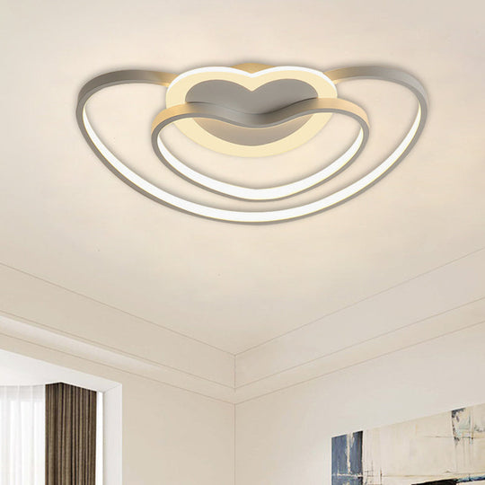 Nordic Led Ceiling Flush Light With Dual Loving Heart Frame In White Pink Or Blue Acrylic Shade