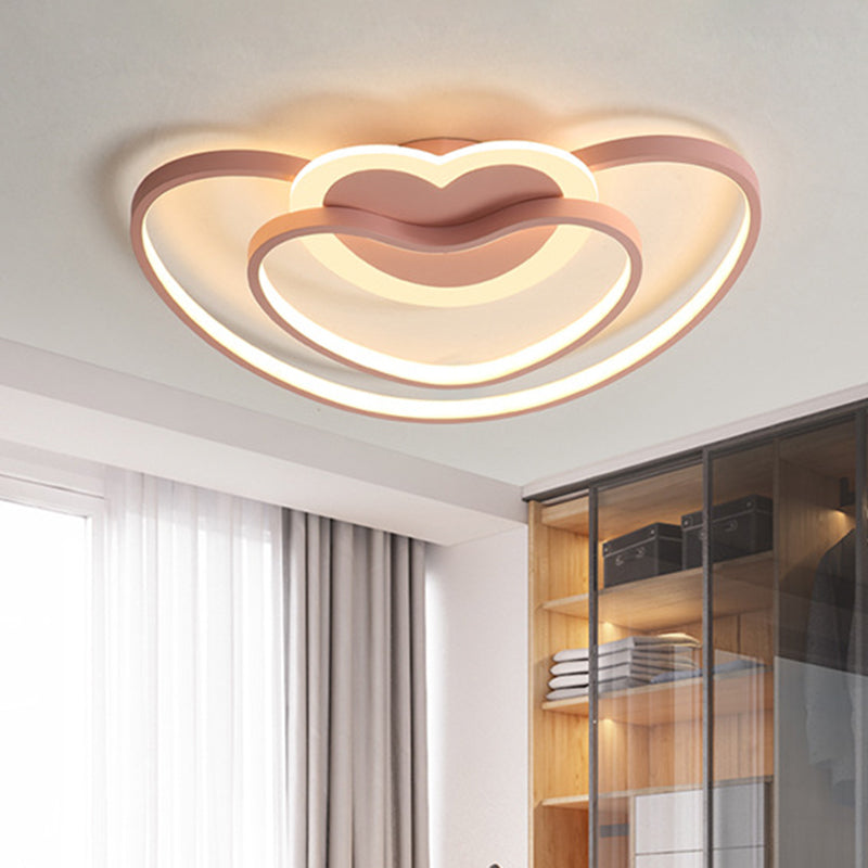 Nordic Led Ceiling Flush Light With Dual Loving Heart Frame In White Pink Or Blue Acrylic Shade