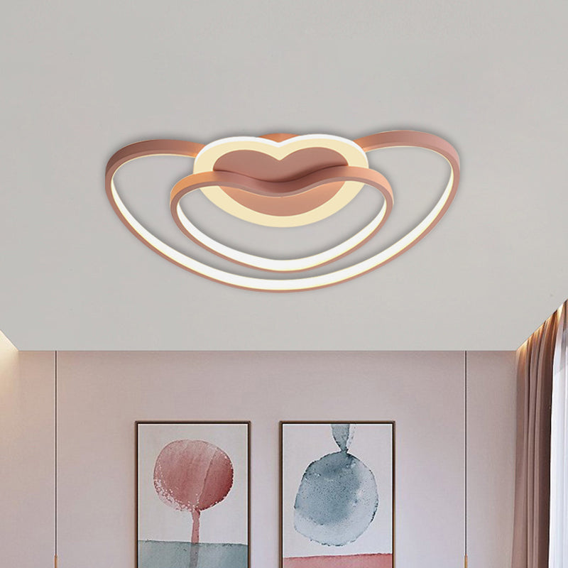 Nordic Led Ceiling Flush Light With Dual Loving Heart Frame In White Pink Or Blue Acrylic Shade