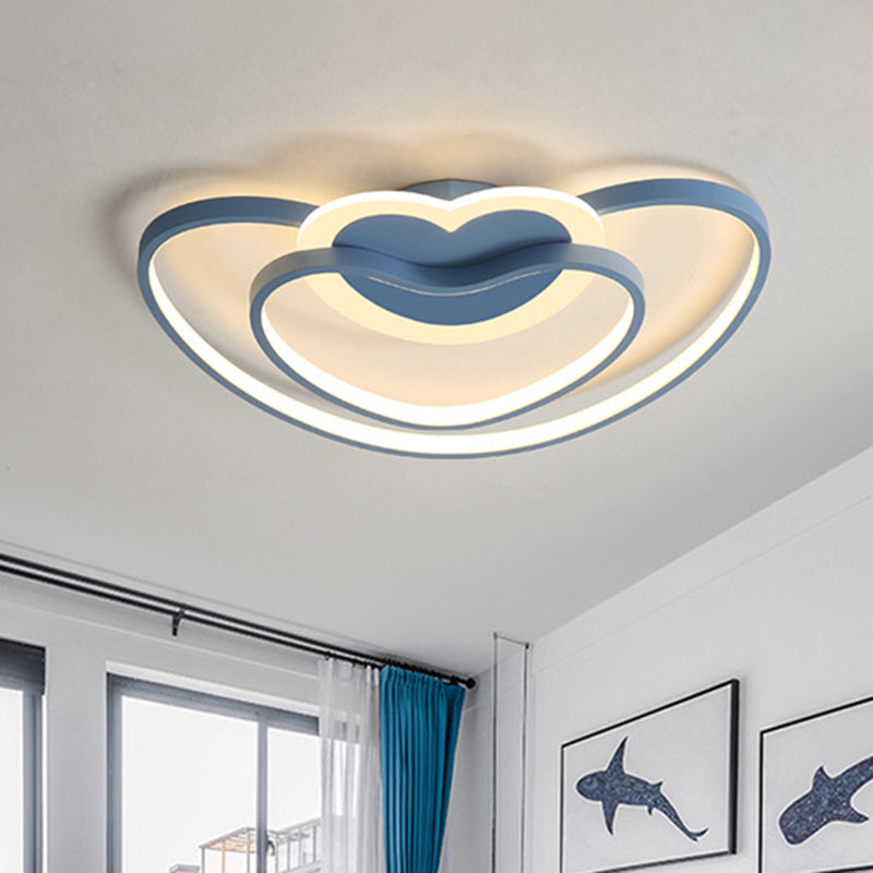 Nordic Led Ceiling Flush Light With Dual Loving Heart Frame In White Pink Or Blue Acrylic Shade