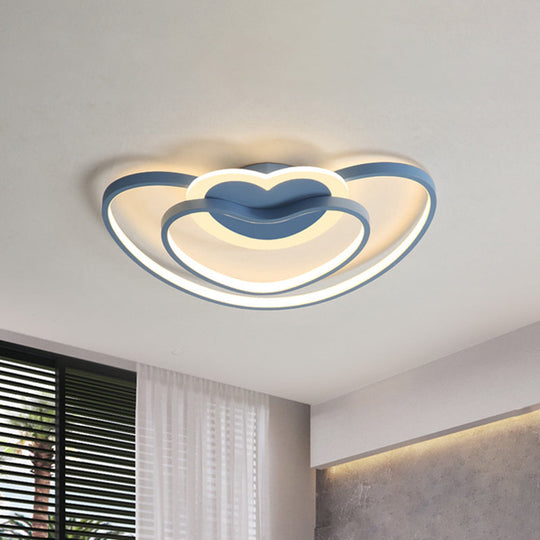 Nordic Led Ceiling Flush Light With Dual Loving Heart Frame In White Pink Or Blue Acrylic Shade