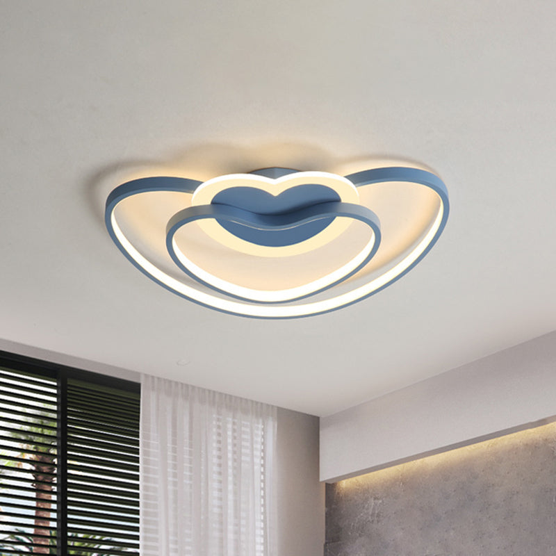 Nordic Led Ceiling Flush Light With Dual Loving Heart Frame In White Pink Or Blue Acrylic Shade