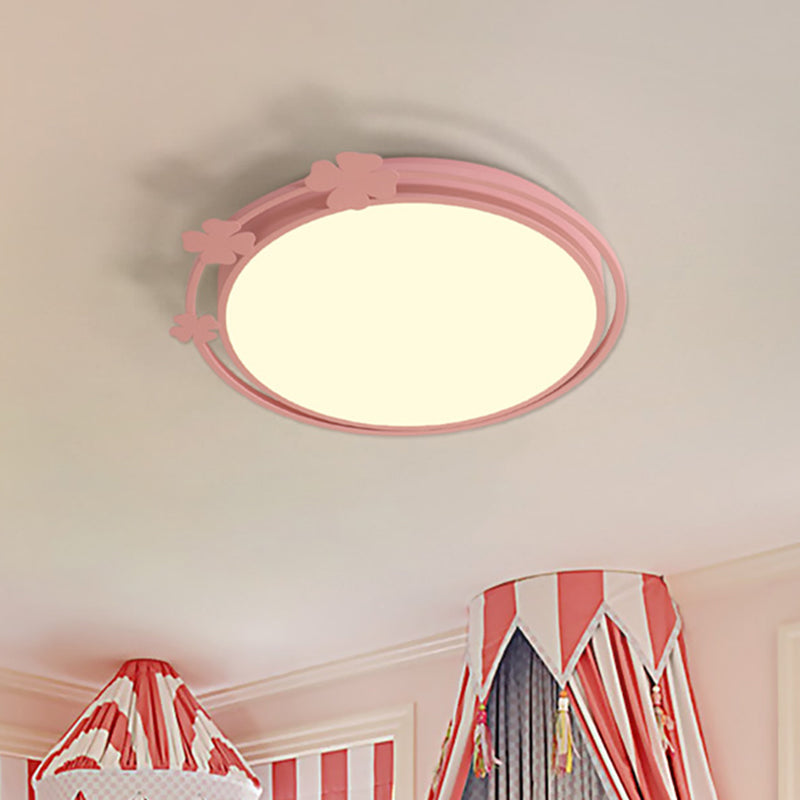 Kids Led Pink Flushmount Light With Metallic Round Shape Clover Deco In White/Warm / White