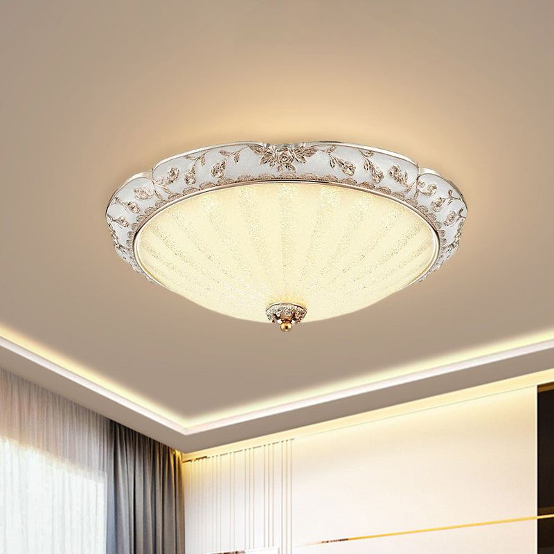 Traditional White Glass Led Flush Mount With Carved Trim – Bowl - Shaped Bedroom Beige Flushmount