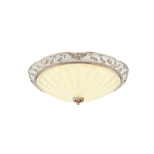 Traditional White Glass Led Flush Mount With Carved Trim – Bowl - Shaped Bedroom Beige Flushmount