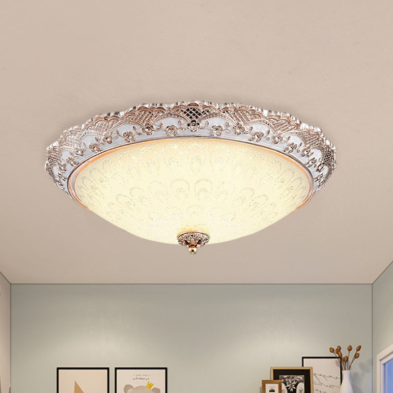 Traditional White Glass Led Flush Mount With Carved Trim Bowl-Shaped Bedroom Beige Flushmount / E