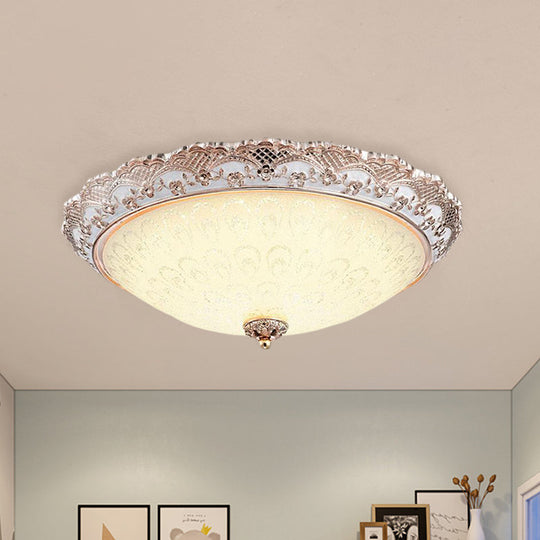 Traditional White Glass Led Flush Mount With Carved Trim Bowl-Shaped Bedroom Beige Flushmount / E