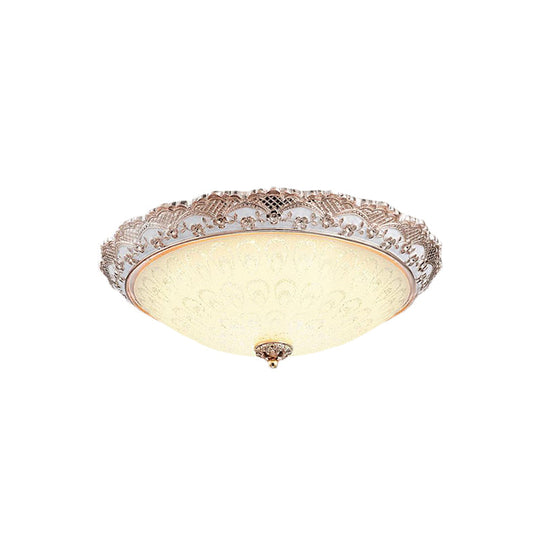 Traditional White Glass Led Flush Mount With Carved Trim Bowl-Shaped Bedroom Beige Flushmount