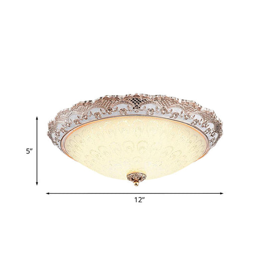 Traditional White Glass Led Flush Mount With Carved Trim Bowl-Shaped Bedroom Beige Flushmount