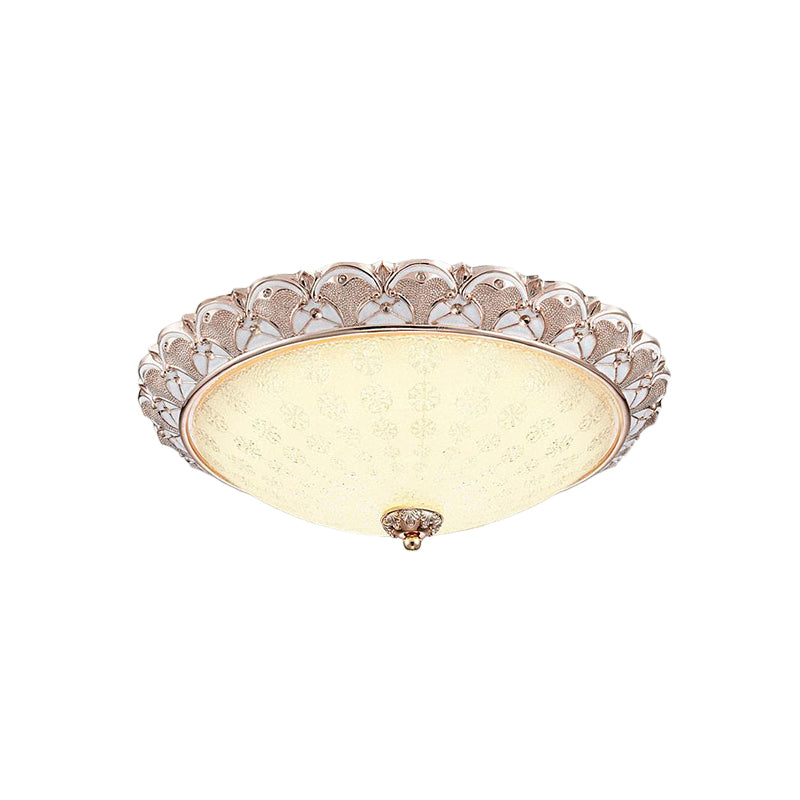 Traditional White Glass Led Flush Mount With Carved Trim – Bowl - Shaped Bedroom Beige Flushmount