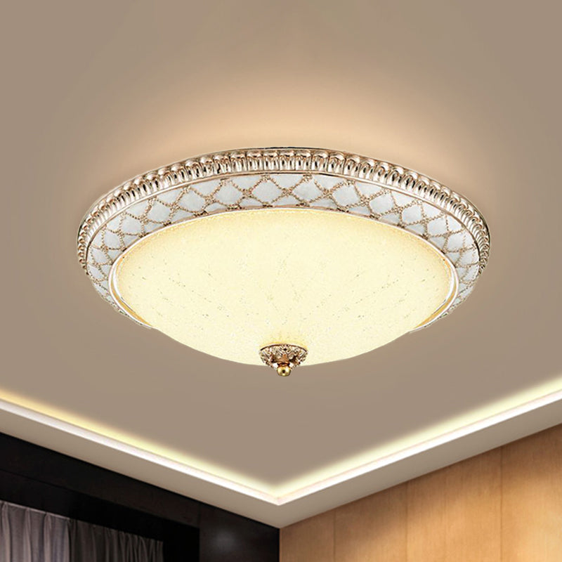 Traditional White Glass Led Flush Mount With Carved Trim Bowl-Shaped Bedroom Beige Flushmount / C