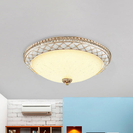 Traditional White Glass Led Flush Mount With Carved Trim – Bowl - Shaped Bedroom Beige Flushmount