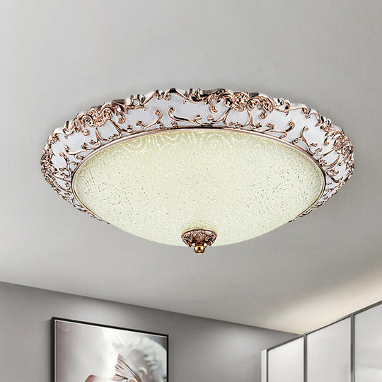 Traditional White Glass Led Flush Mount With Carved Trim Bowl-Shaped Bedroom Beige Flushmount / A