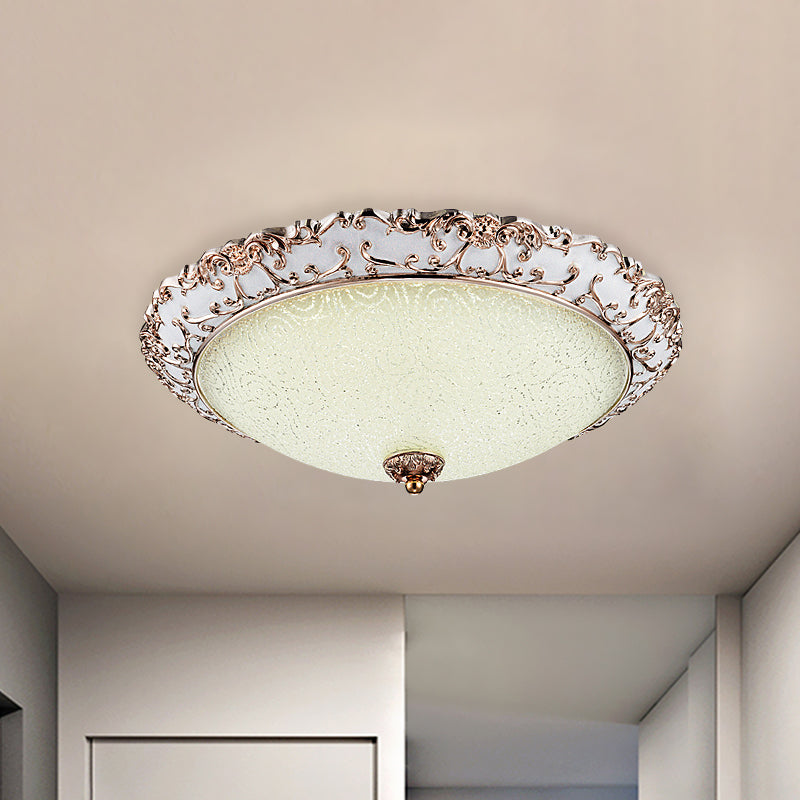 Traditional White Glass Led Flush Mount With Carved Trim – Bowl - Shaped Bedroom Beige Flushmount