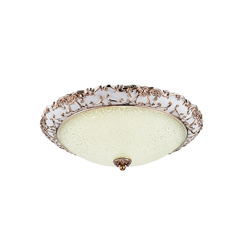 Traditional White Glass Led Flush Mount With Carved Trim – Bowl - Shaped Bedroom Beige Flushmount