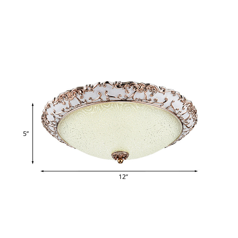 Traditional White Glass Led Flush Mount With Carved Trim Bowl-Shaped Bedroom Beige Flushmount