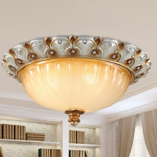 Traditionalist Yellow Glass Flush Mount Light Fixture - Bronze/White 3-Bulb Flushmount For Living