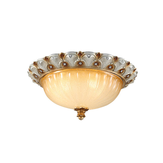 Traditionalist Yellow Glass Flush Mount Light Fixture - Bronze/White 3 - Bulb Flushmount For Living