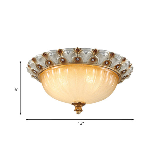 Traditionalist Yellow Glass Flush Mount Light Fixture - Bronze/White 3 - Bulb Flushmount For Living