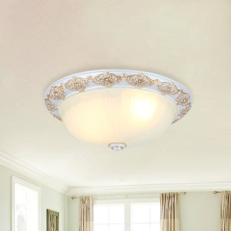 Frosted White Glass Dome 3-Light Bedroom Flush Mount With Carved Edge