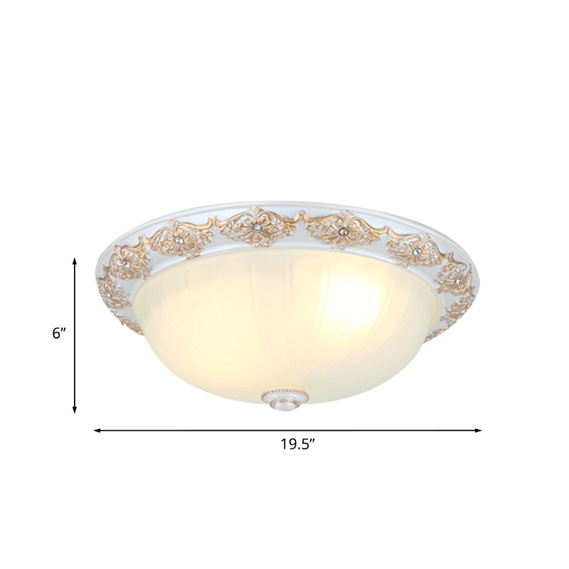 Frosted White Glass Dome 3-Light Bedroom Flush Mount With Carved Edge