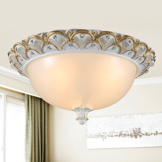 Frosted White Glass Dome 3 - Light Bedroom Flush Mount With Carved Edge