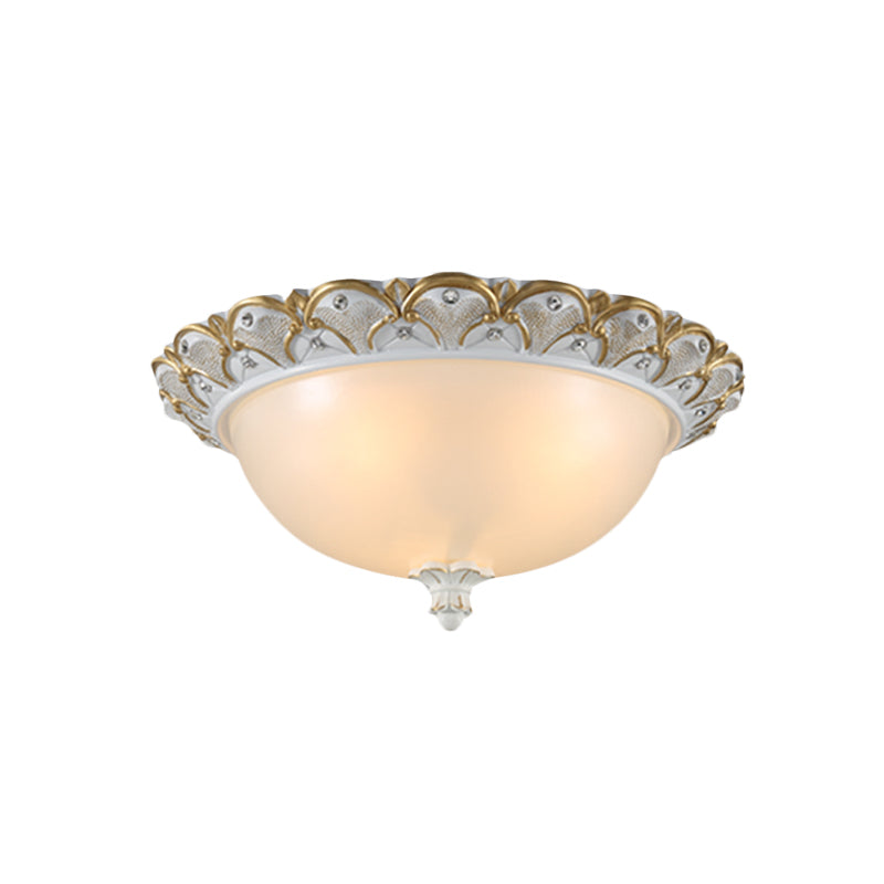 Frosted White Glass Dome 3 - Light Bedroom Flush Mount With Carved Edge