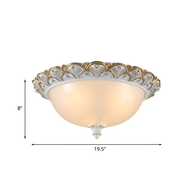 Frosted White Glass Dome 3-Light Bedroom Flush Mount With Carved Edge