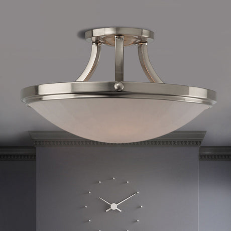 Classic Frosted Glass Bowl Semi Flush Mount Light Fixture For Bedroom - Black/Silver 3-Light Silver