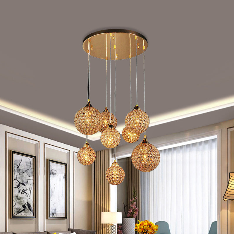 Multi-Headed Pendant Dining Room Lamp Kit With Crystal-Encrusted Shade In Gold