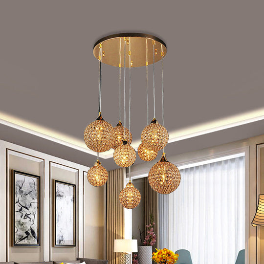Multi-Headed Pendant Dining Room Lamp Kit With Crystal-Encrusted Shade In Gold