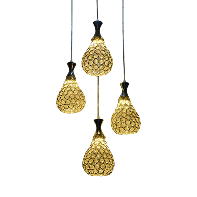 Contemporary Crystal Teardrop Multi Pendant Light With 4 Bulbs - Chrome/Gold Suspension Lamp For