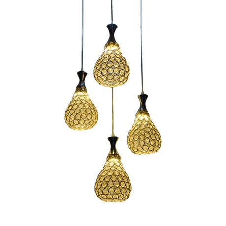 Contemporary Crystal Teardrop Multi-Pendant Light - 4 Bulb Dining Room Suspension Lamp In