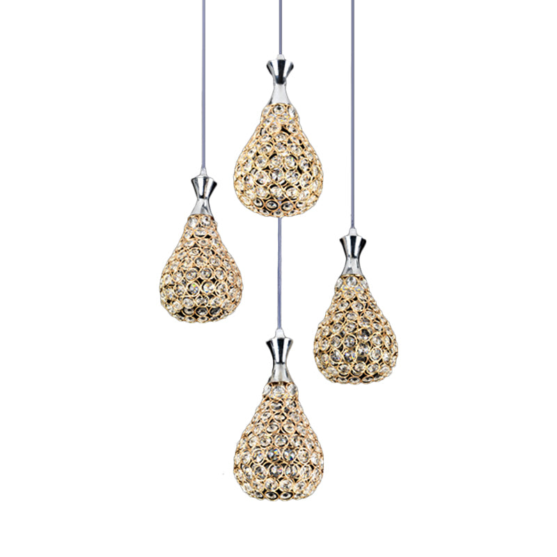 Contemporary Crystal Teardrop Multi Pendant Light With 4 Bulbs - Chrome/Gold Suspension Lamp For