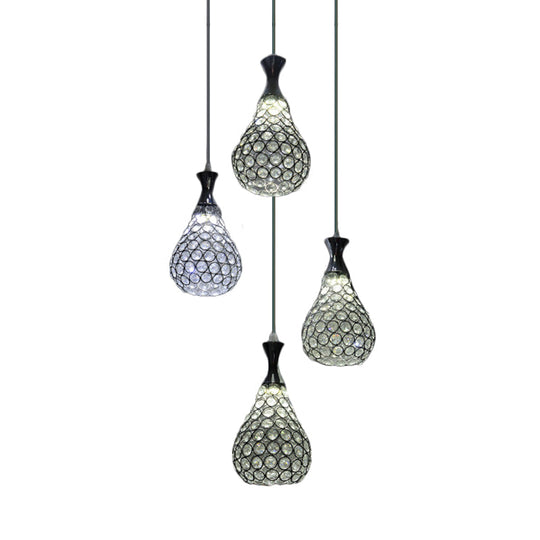 Contemporary Crystal Teardrop Multi-Pendant Light - 4 Bulb Dining Room Suspension Lamp In