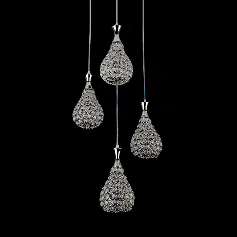 Contemporary Crystal Teardrop Multi-Pendant Light - 4 Bulb Dining Room Suspension Lamp In
