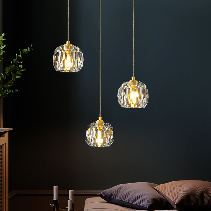 Contemporary Gold Cluster Pendant Light With Faceted Crystal Domed Hanging Lamp Kit