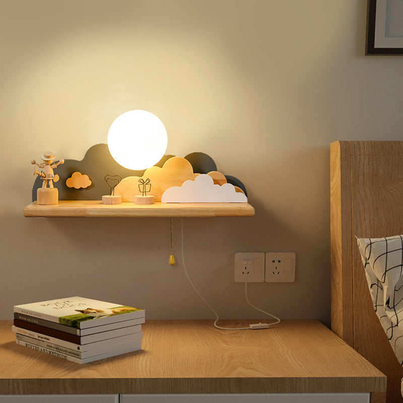 Contemporary Wood Sconce Light: Blue/White/Gray Wall Mount With Glass Shade & Pull Chain