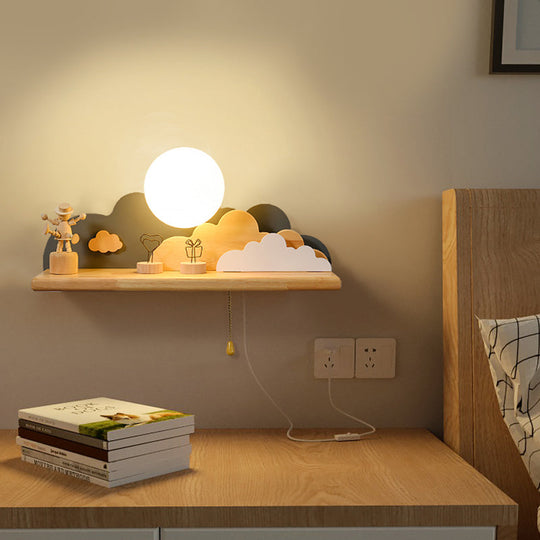 Contemporary Wood Sconce Light: Blue/White/Gray Wall Mount With Glass Shade & Pull Chain