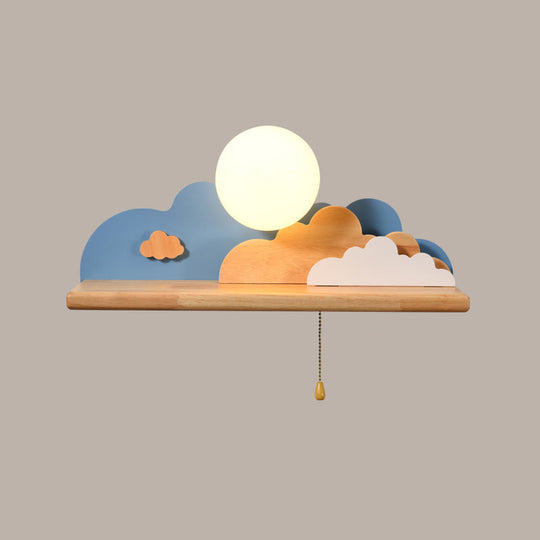 Contemporary Wood Sconce Light: Blue/White/Gray Wall Mount With Glass Shade & Pull Chain