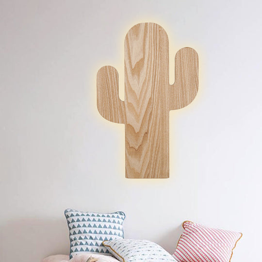 Wooden Shade Led Sconce Light For Bedroom - Wall Mounted In Beige Car/Pineapple/Cactus Designs