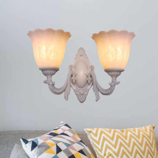 Vintage Flower White Glass Sconce Light With Curved Arm - Wall Mounted Lighting For Living Room