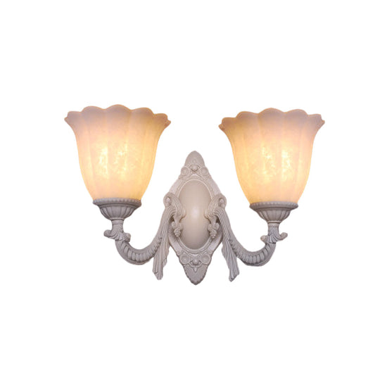 Vintage Flower White Glass Sconce Light With Curved Arm - Wall Mounted Lighting For Living Room