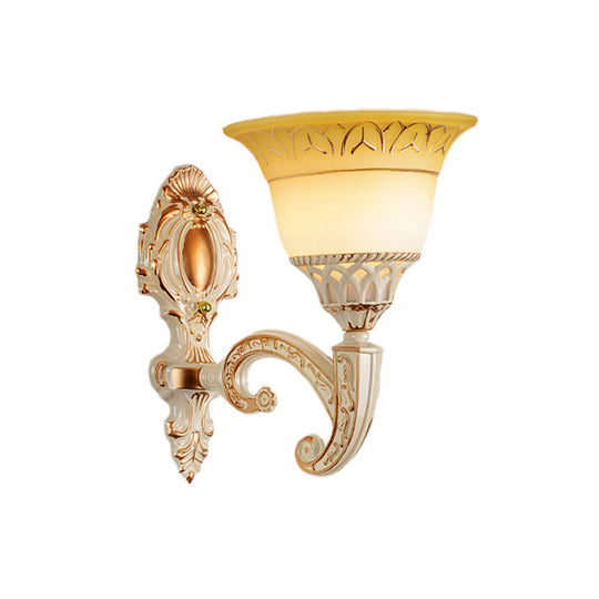 Vintage Curved Arm Metal Wall Lamp: 1/2-Head Sconce With Beige Glass Shade For Living Room